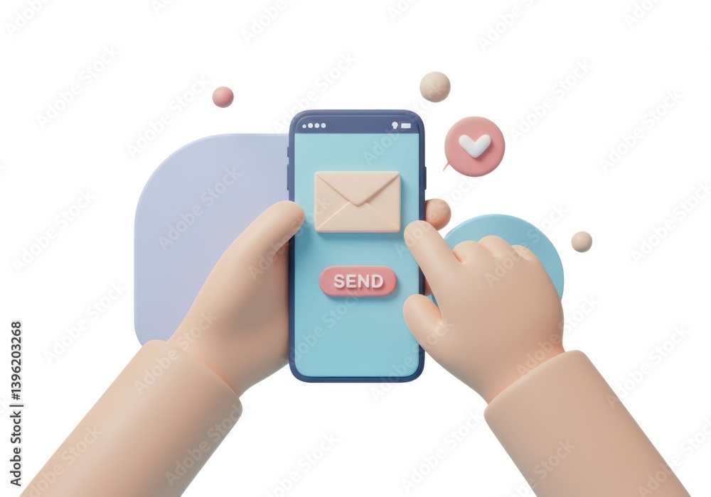 Poster email marketing on mobile sending message with smartphone isolated on white background