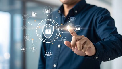 Work Safety and Compliance Concept. Businessman holding magnifying glass with icons work safety, compliance, risk management, and operational efficiency, emphasizing importance of safety standards.