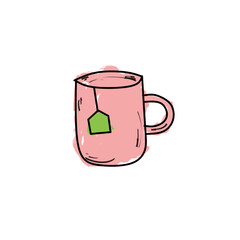Pink Mug with Green Tea Bag Illustration 