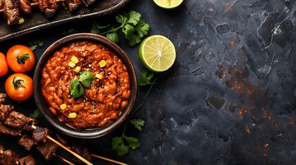Smoky ancho chili dip a rustic bowl deep red and spicy served with grilled steak skewers and fresh lime wedges