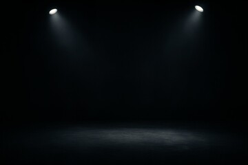 Sala preta vazia com duas fontes de luz vinda de cima. Palco escuro com iluminação dramática, perfeito para apresentações ou performances

