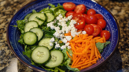 A colorful salad bowl with mixed greens, sliced cucumbers, cherry tomatoes, shredded carrots, and crumbled feta cheese 