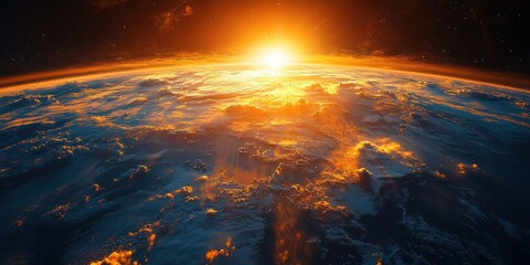 Earth from Space with Dawn Light Realistic 3D Rendering of Continents and Atmosphere