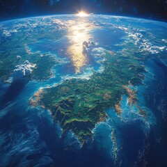 Hyper-Realistic Aerial View of Earth Coastlines and Lush Greenery Highlighting Korea and Japan