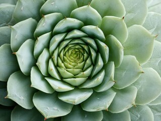Circular pattern of overlapping green succulent leaves forming a spiral with pointed tips, displaying a textured surface and varying shades from light to dark green