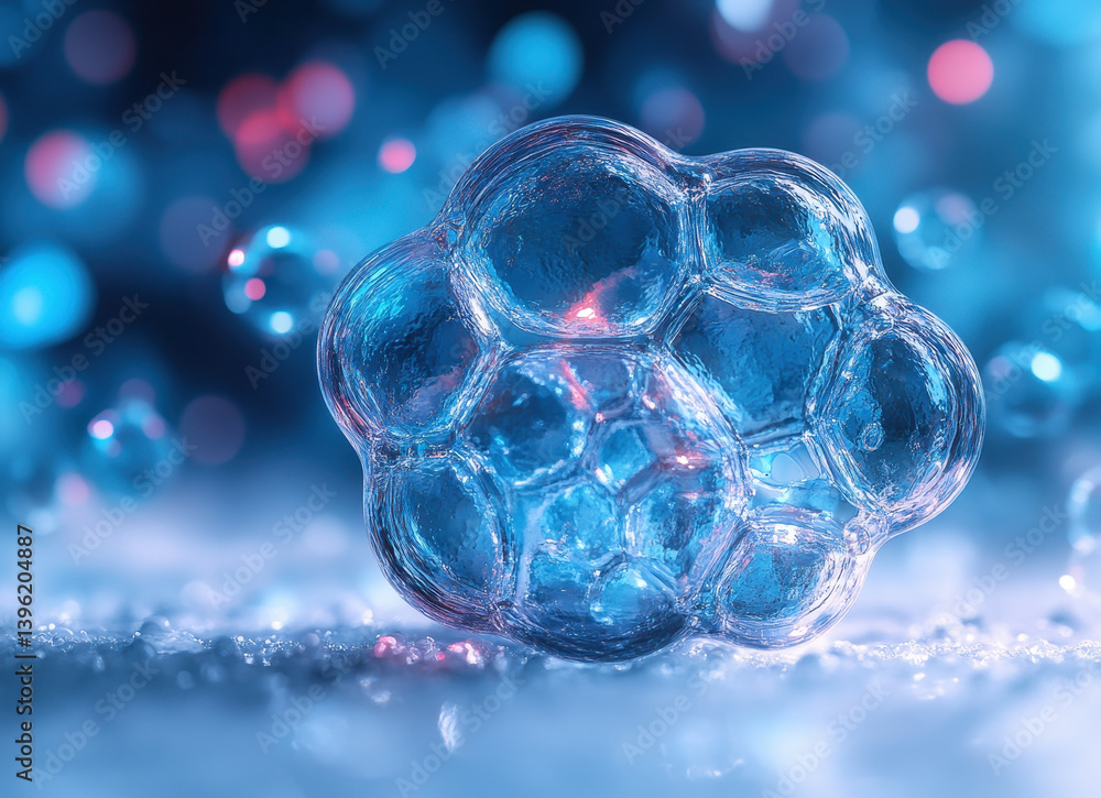 Poster close-up of transparent blue soap bubble cluster on blurred glittering background creating artistic 