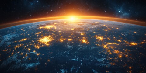 Earth from Space Futuristic Cyberpunk Digital Painting with North America City Lights