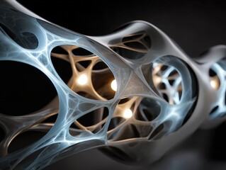 Futuristic network of transparent, interwoven structures forming abstract tunnels with glowing lights inside, creating a visually complex pattern with smooth lines and luminous hues