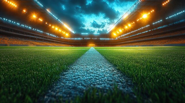 illuminated stadium entrance at night with floodlights and fans in a football arena digital 3D background - Powered by Adobe
