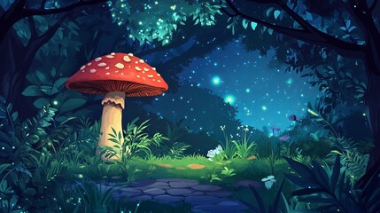 A vibrant mushroom in a magical forest with glowing lights and a starry night sky in the background