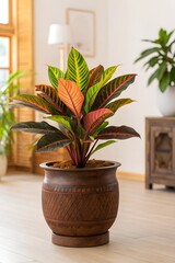 Fototapeta premium A photo of a vibrant and lively image of a plant thriving in a decorative clay pot. The plant features a variety of colorful, broad leaves that contrast with the rustic, brown pot. The background