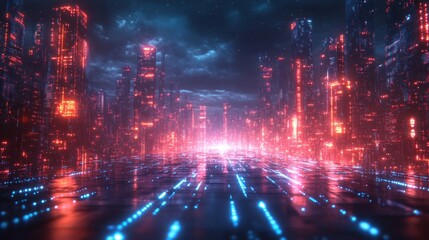 Futuristic Digital Technology Background with Abstract Wave Design and Neon Blue Grid Lines