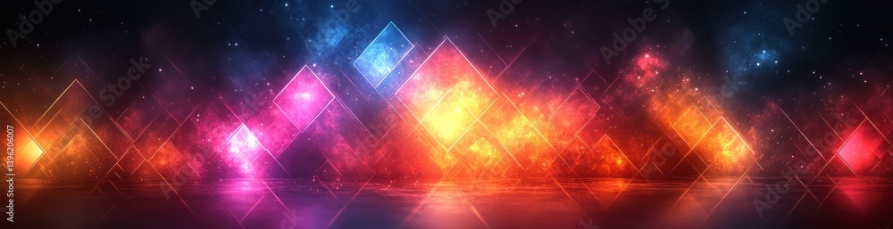 Poster abstract geometric pattern vibrant neon colors digital art soft ambient lighting symmetrical composi