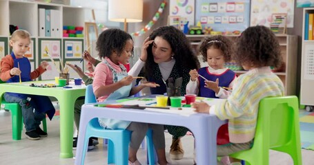 Painting, teacher and education for children, art and creativity in classroom, daycare or development. Talk, woman and teaching kids in preschool, learning or growth for color drawing in kindergarten - Powered by Adobe