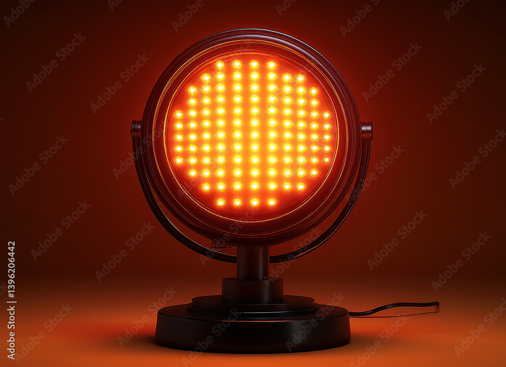 Poster vintage style orange led table lamp with glowing illuminated circular light design in dark backgroun