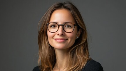 Fototapeta premium Smiling young caucasian female with glasses against neutral background.