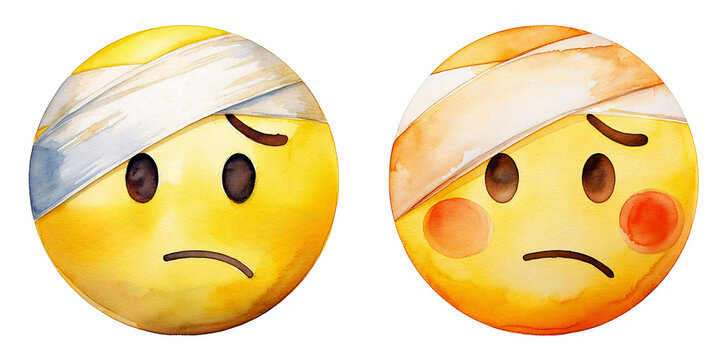 set of hurt with bandage emoji icons, soft pastel watercolor handmade style, pained expressions, transparent cutout PNG, emotional emoticons creative digital design stickers, social media