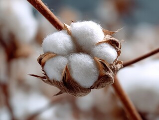 Close-up of a fluffy, white cotton boll on a brown stem, with sharp, dried bracts. The background has a soft focus, highlighting additional cotton bolls in blurred tones