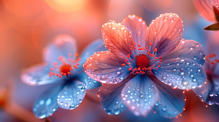 Close up of blue and pink flowers with water droplets on the petals in soft focus setting - A high-quality image ideal for desktop wallpapers, website backgrounds, or social media headers.