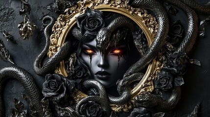 Fototapeta premium Enigmatic female face surrounded by black snakes and roses in ornate golden frame - whimsigothic design concept.