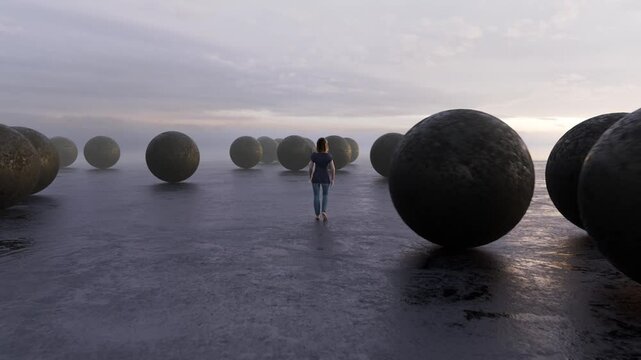 3d rendered animation of a young woman walking in a surreal dystopian wasteland looking area among large heavy corroded rock or metallic looking spheres.