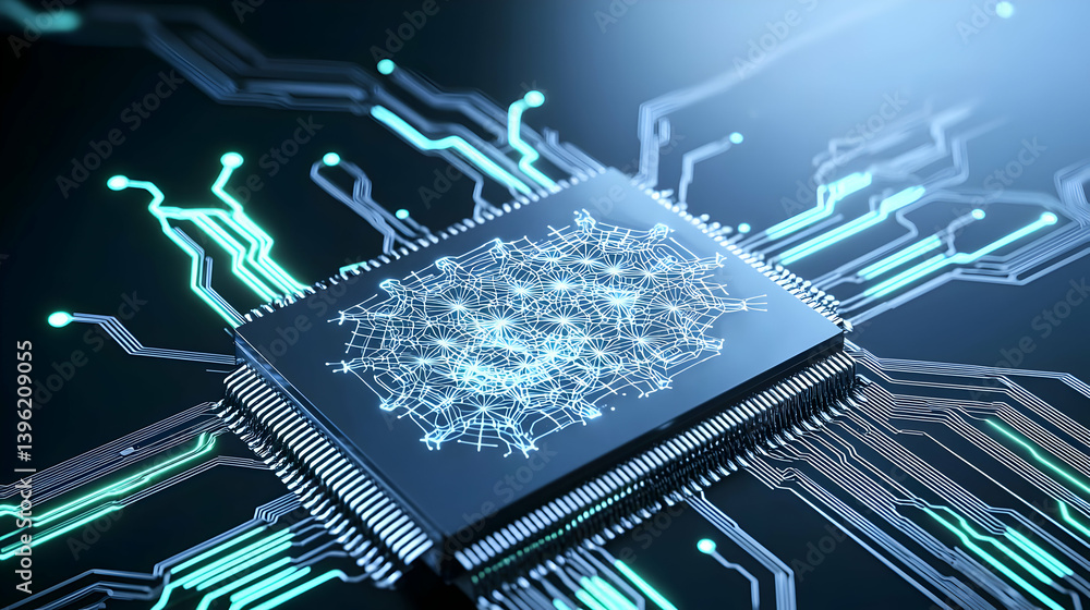 Aufkleber close up of advanced microchip on circuit board with glowing light effects