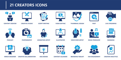 Creator icons pack in solid style including content creator, video editing, podcast, animation, blogging, idea board, and fan engagement.
