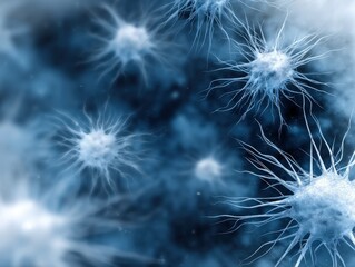 Microscopic view of translucent nerve cells with delicate radial projections on a blue gradient background. The cells appear detailed and interconnected, forming an intricate pattern