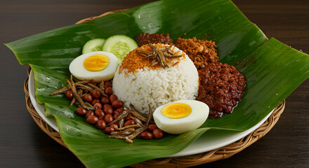 Nasi Lemak Plate With Fried Anchovies, Eggs, And Beans