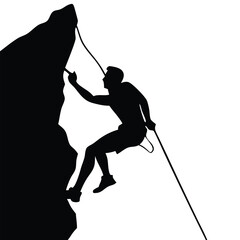 Obraz premium Silhouette of Man Rock Climbing on Cliff Wall – Extreme Sports Adventure, Rappelling Action Scene, Outdoor Mountain Challenge Icon.