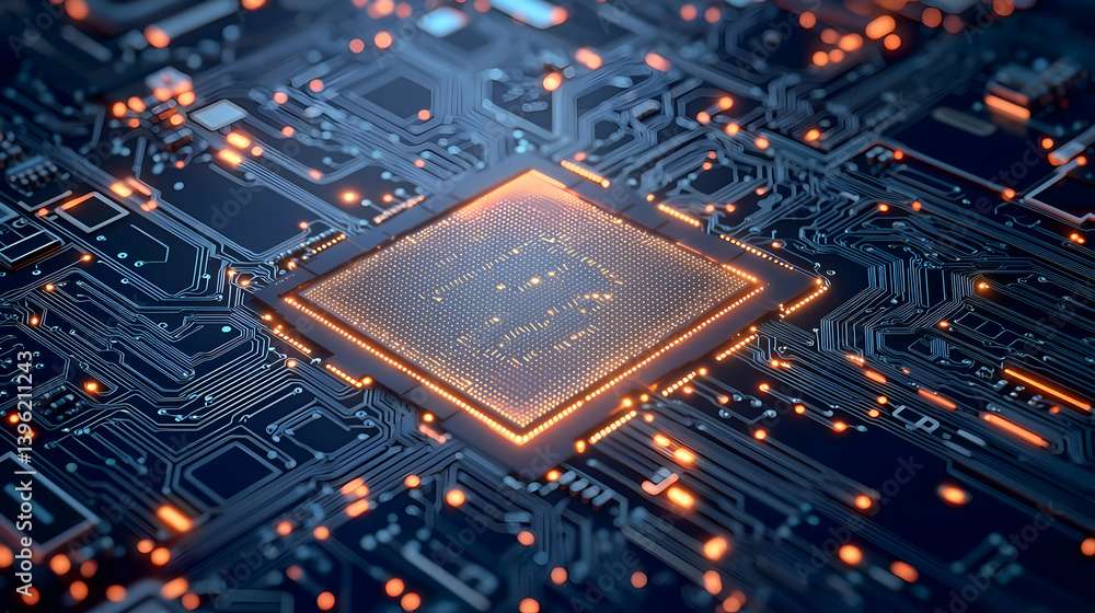 Poster Close Up View Of Glowing Microchip On Circuit Board
