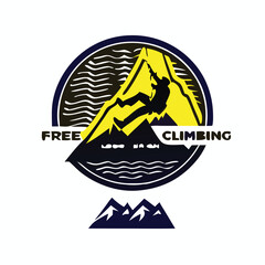 Mountain Climbing Logo – Bold Monochrome Adventure Emblem with Rock Climber Silhouette for Outdoor Gear, Expedition Branding & Extreme Sports Identity.