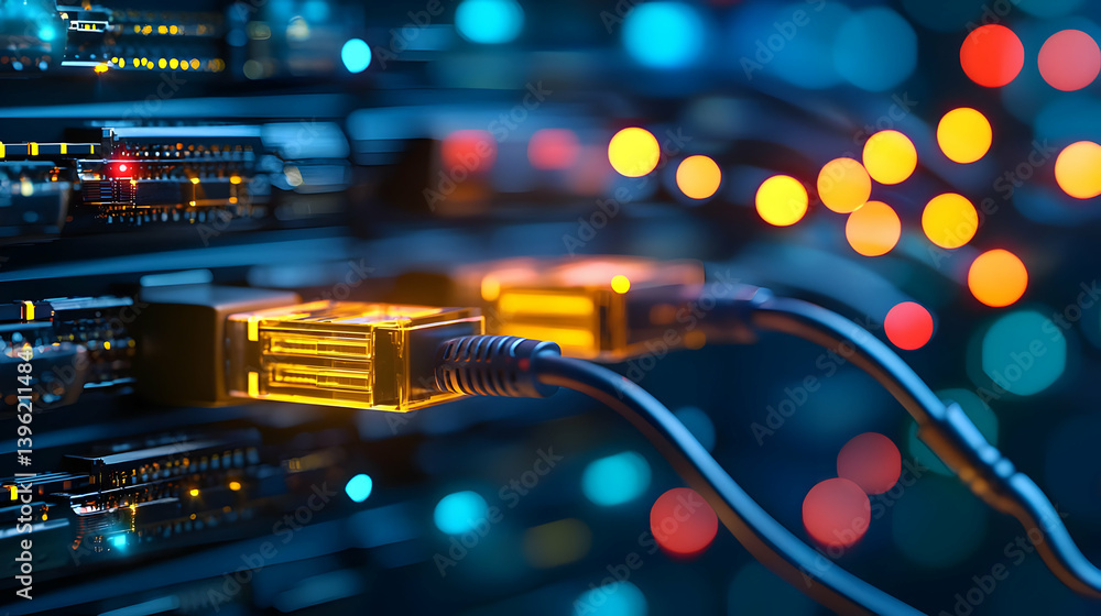Aufkleber glowing network cables connected to server rack in data center