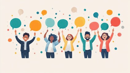 Diverse Community Communication with Speech Bubbles Raised Hands