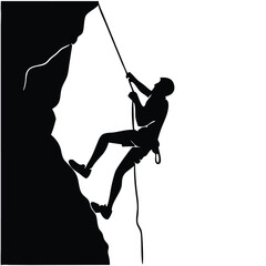 Obraz premium Silhouette of Man Rock Climbing on Cliff Wall – Extreme Sports Adventure, Rappelling Action Scene, Outdoor Mountain Challenge Icon.