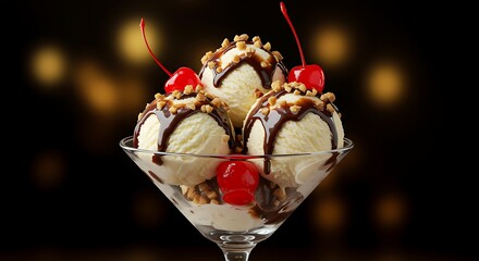 Decadent vanilla ice cream sundae delight in a martini glass presentation