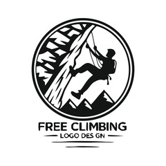 Naklejka premium Mountain Climbing Logo – Bold Monochrome Adventure Emblem with Rock Climber Silhouette for Outdoor Gear, Expedition Branding & Extreme Sports Identity.