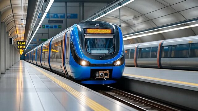 Modern blue train arriving at a sleek underground station with bright lighting and minimal crowds
