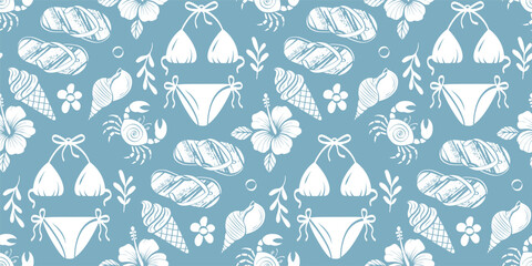 Seamless summer beach pattern with hand-drawn doodle elements. Flip-flops, bikini, ice cream, hibiscus, seashells, crab and tropical plants in white line art on blue background for textile and design.