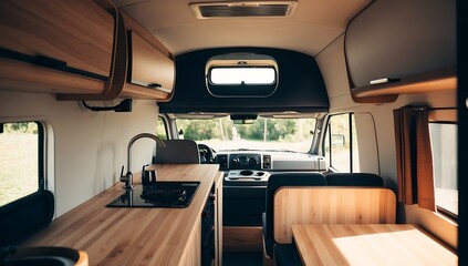Fototapeta premium Cozy and well-designed interior of a camper van or RV with a designated kitchen area and sink, Interior of camper van, Interior of kitchen in motor home, created with generative ai