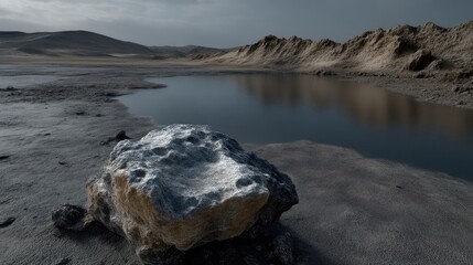 Obraz premium A lone rock sits by a still pool of water in a desolate, arid landscape. Light beige sand and rocks surround the tranquil scene under a muted sky