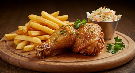 Appetizing fried chicken leg quarter with crispy fries and creamy coleslaw