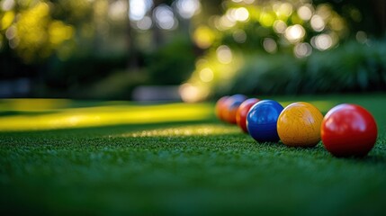 Close-up of vibrant bocce balls on a lush green lawn, with a blurred outdoor background of trees, showcasing sharp details and dynamic range in focused lighting.
