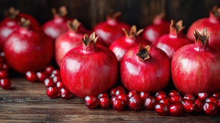 Ripe pomegranates on a rustic wooden surface