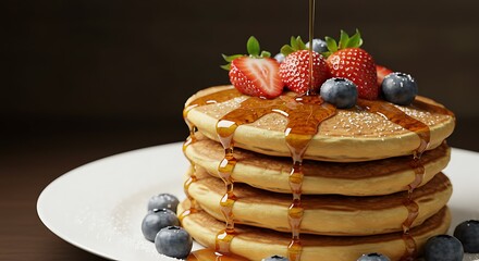 Delectable pancake stack with fresh berries and dripping syrup evoking indulgence