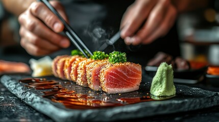 Chef preparing fresh tuna sashimi.  A close-up view of hands using chopsticks to carefully place and arrange pieces of seared tuna.  Sauce drizzles over the dish