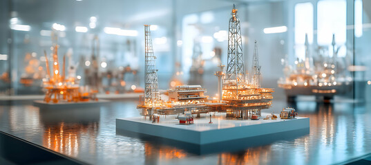 A conceptual oil exploration model with futuristic automated rigs, displayed in an energy research office