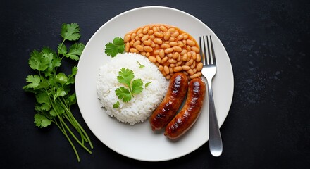 Sausages, Beans and Rice Delight: A Colorful Culinary Still Life Presentation