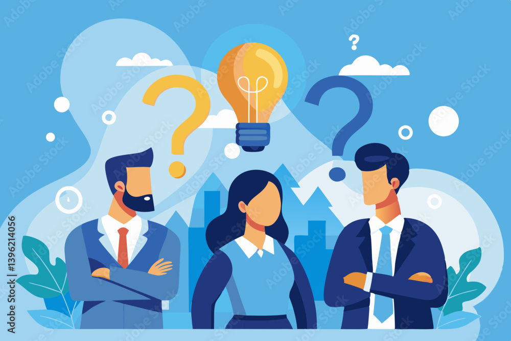 Poster three people standing with question marks and a light bulb representing ideas and solutions concept