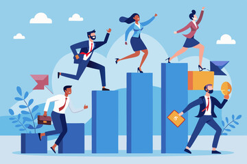 Obraz premium Business people running up graph bars towards flags and clouds in a light blue colored background scene design